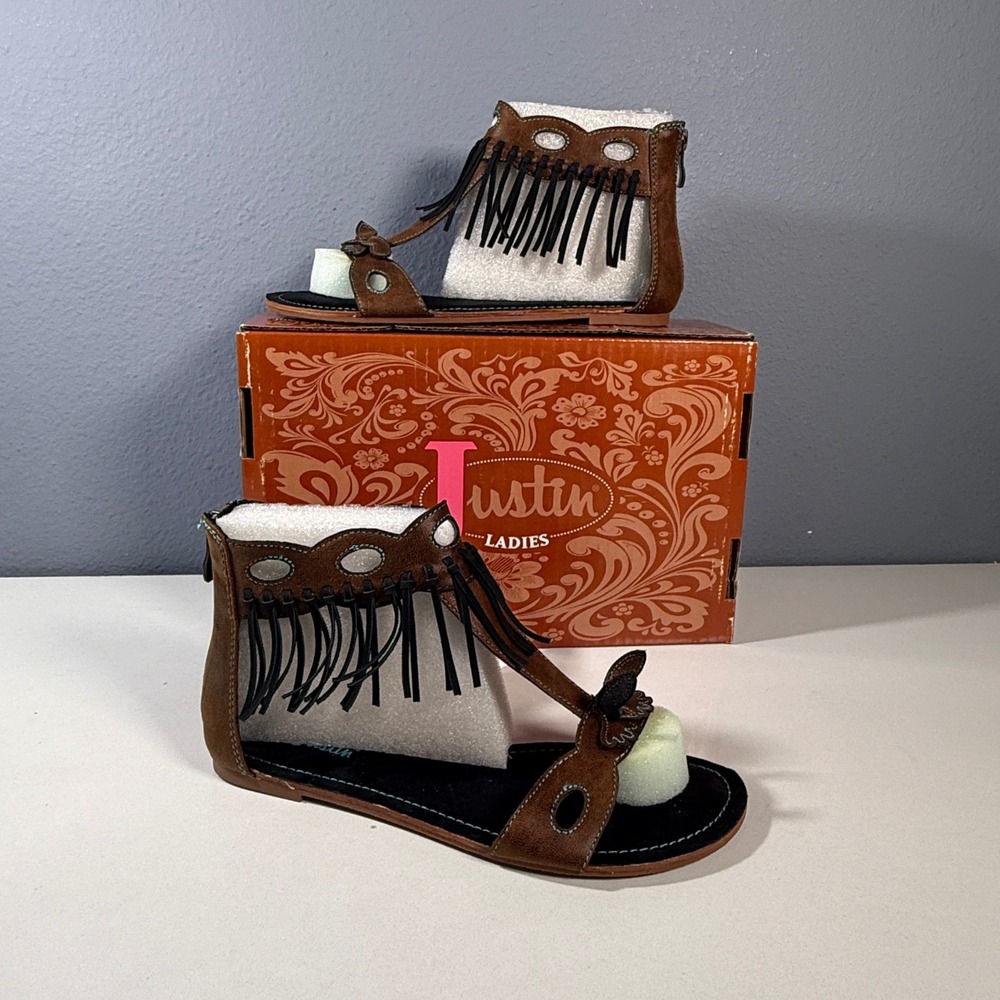 Justin Sandals‎ Womens 7M Brown New Fringe Butterfly Western Gladiator NWT